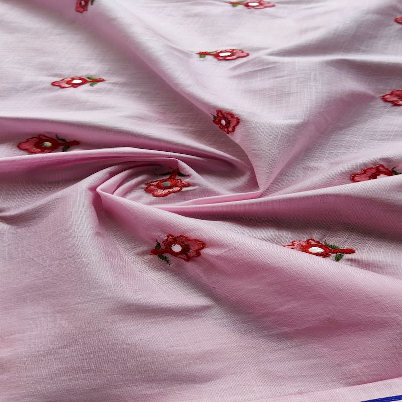 Pink Motifs Mirror & Thread Embroidered Cotton Fabric (Wholesale)