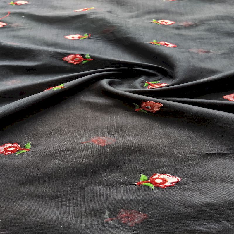 Black Motifs Mirror & Thread Embroidered Chanderi Fabric (Wholesale)