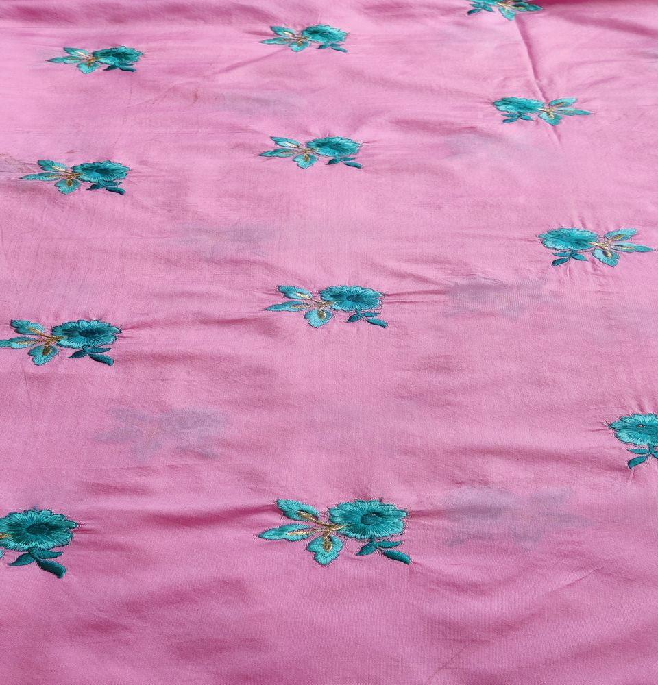 Pink Floral Embroidered Taffeta Silk Fabric (Wholesale)