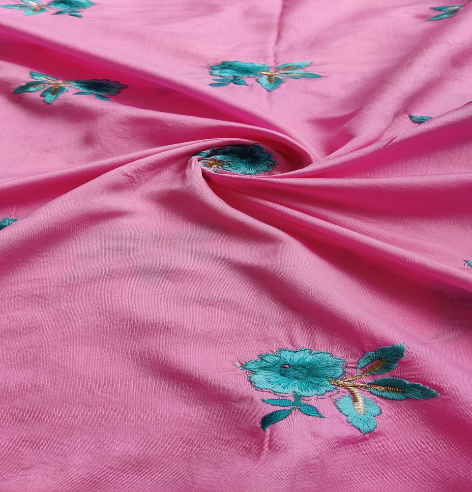 Pink Floral Embroidered Taffeta Silk Fabric (Wholesale)