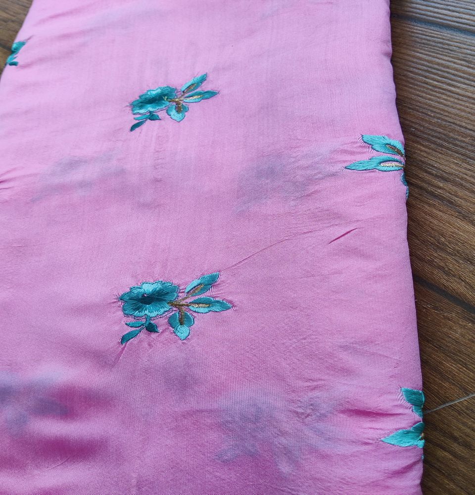 Pink Floral Embroidered Taffeta Silk Fabric (Wholesale)