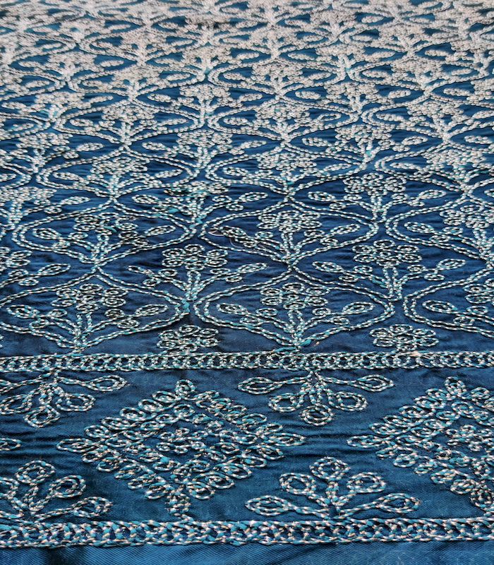 Dark Teal Blue & Silver Traditional Dori Work Georgette Fabric (Wholesale)