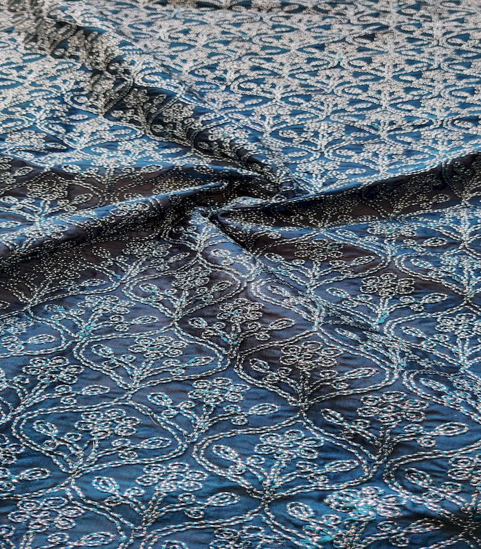 Dark Teal Blue & Silver Traditional Dori Work Georgette Fabric (Wholesale)