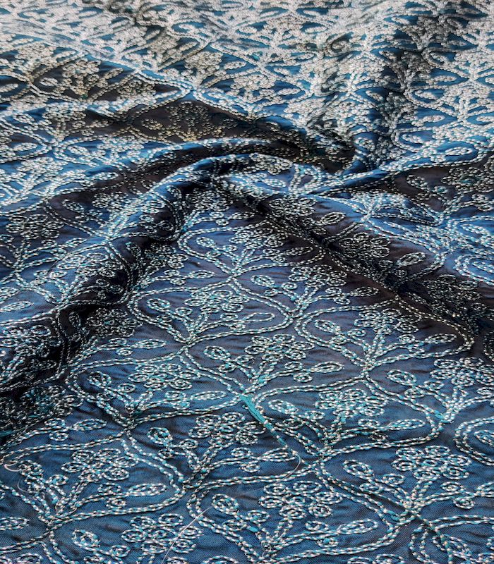 Dark Teal Blue & Silver Traditional Dori Work Georgette Fabric (Wholesale)