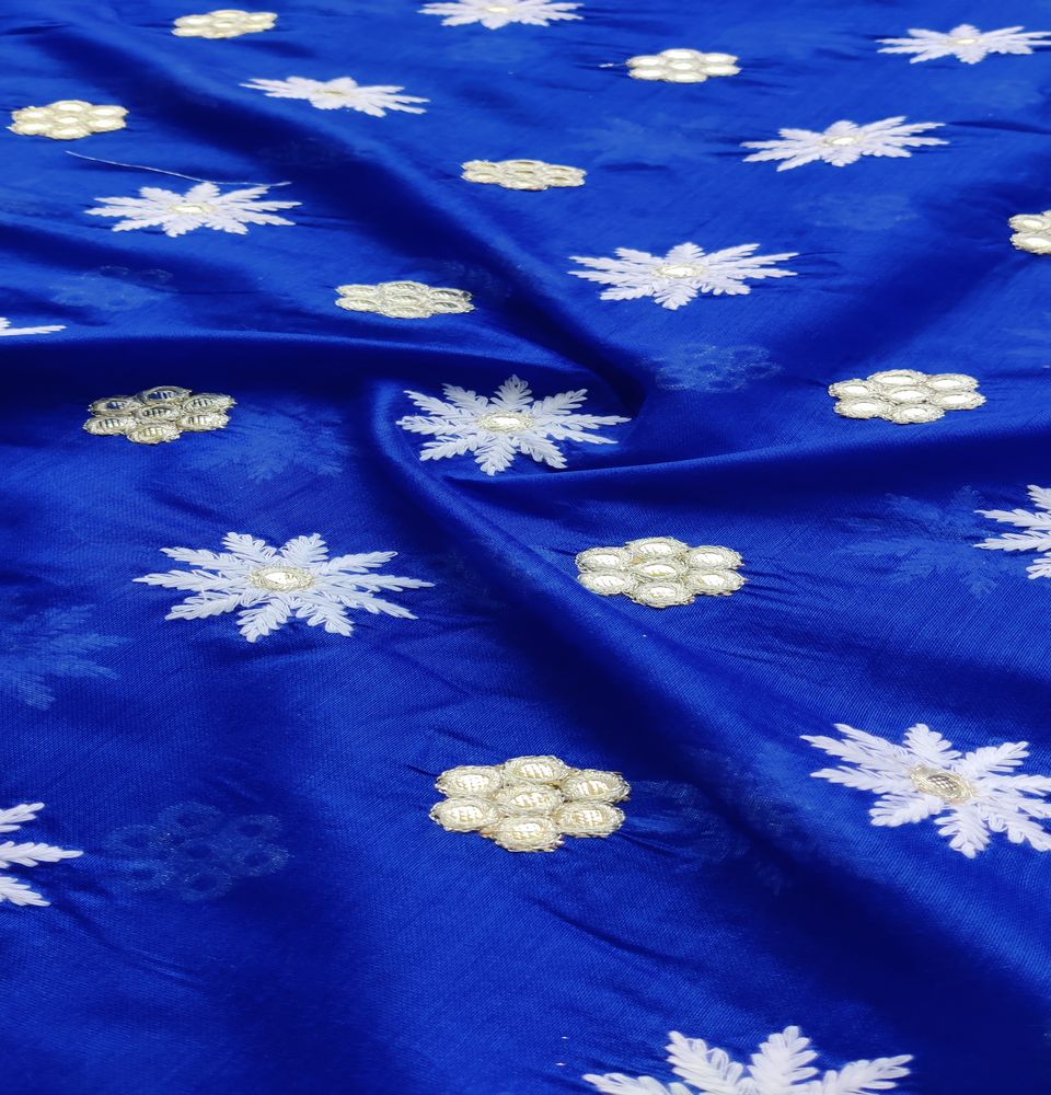 Blue Floral Lakhnawi Mirror Embroidered Chanderi Fabric (Wholesale)