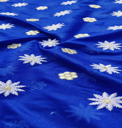 Blue Floral Lakhnawi Mirror Embroidered Chanderi Fabric