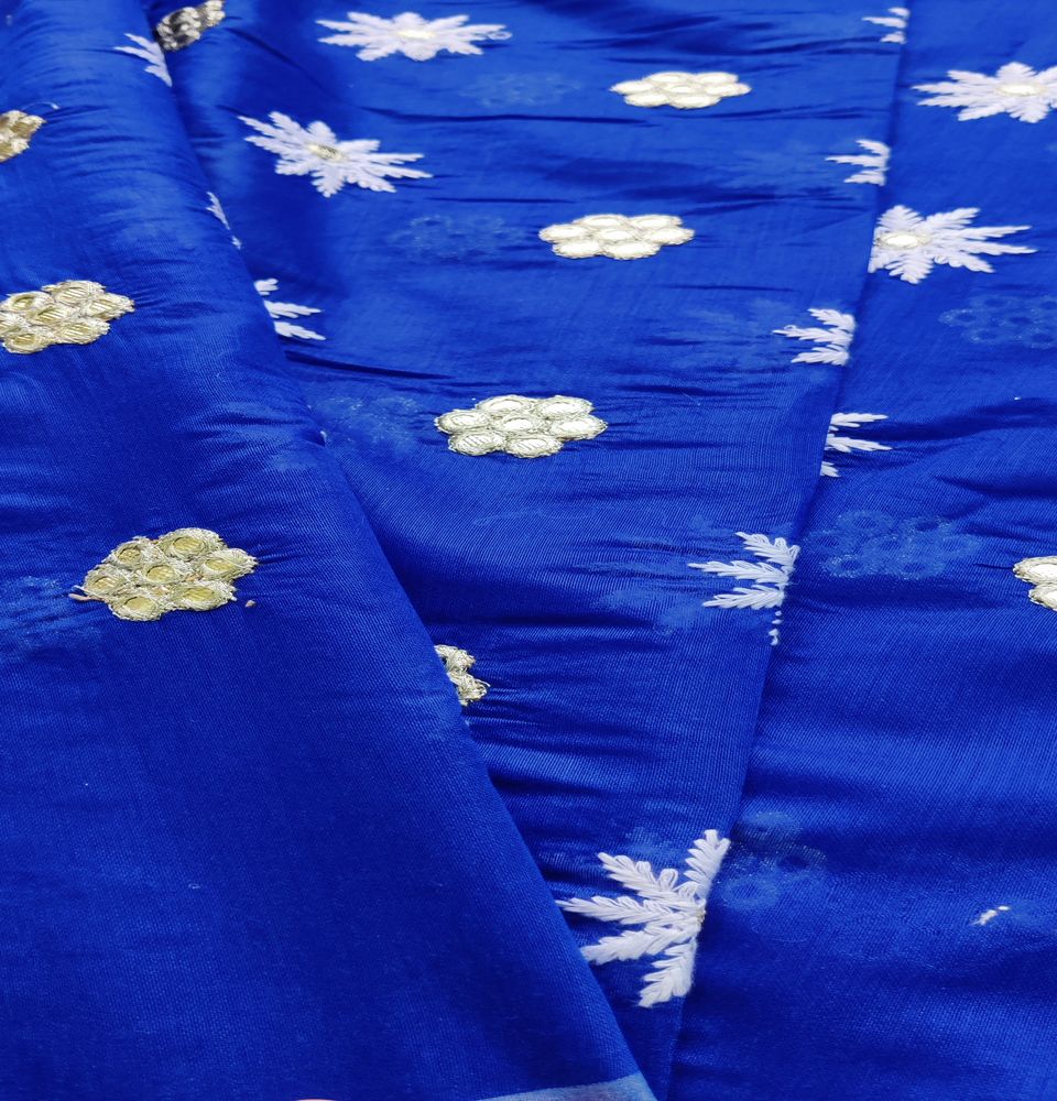 Blue Floral Lakhnawi Mirror Embroidered Chanderi Fabric