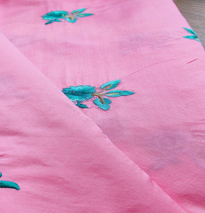 Pink Floral Embroidered Taffeta Silk Fabric (Wholesale)