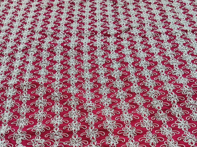 Dark Red & White Geometric Dori Work Vichitra Silk Fabric (Wholesale)