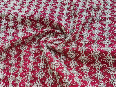 Dark Red & White Geometric Dori Work Vichitra Silk Fabric (Wholesale)