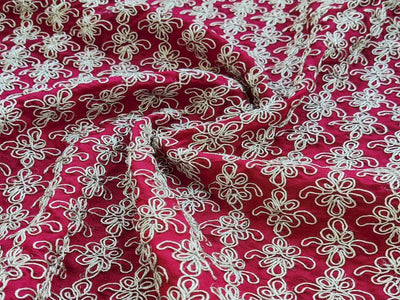 Dark Red & White Geometric Dori Work Vichitra Silk Fabric (Wholesale)