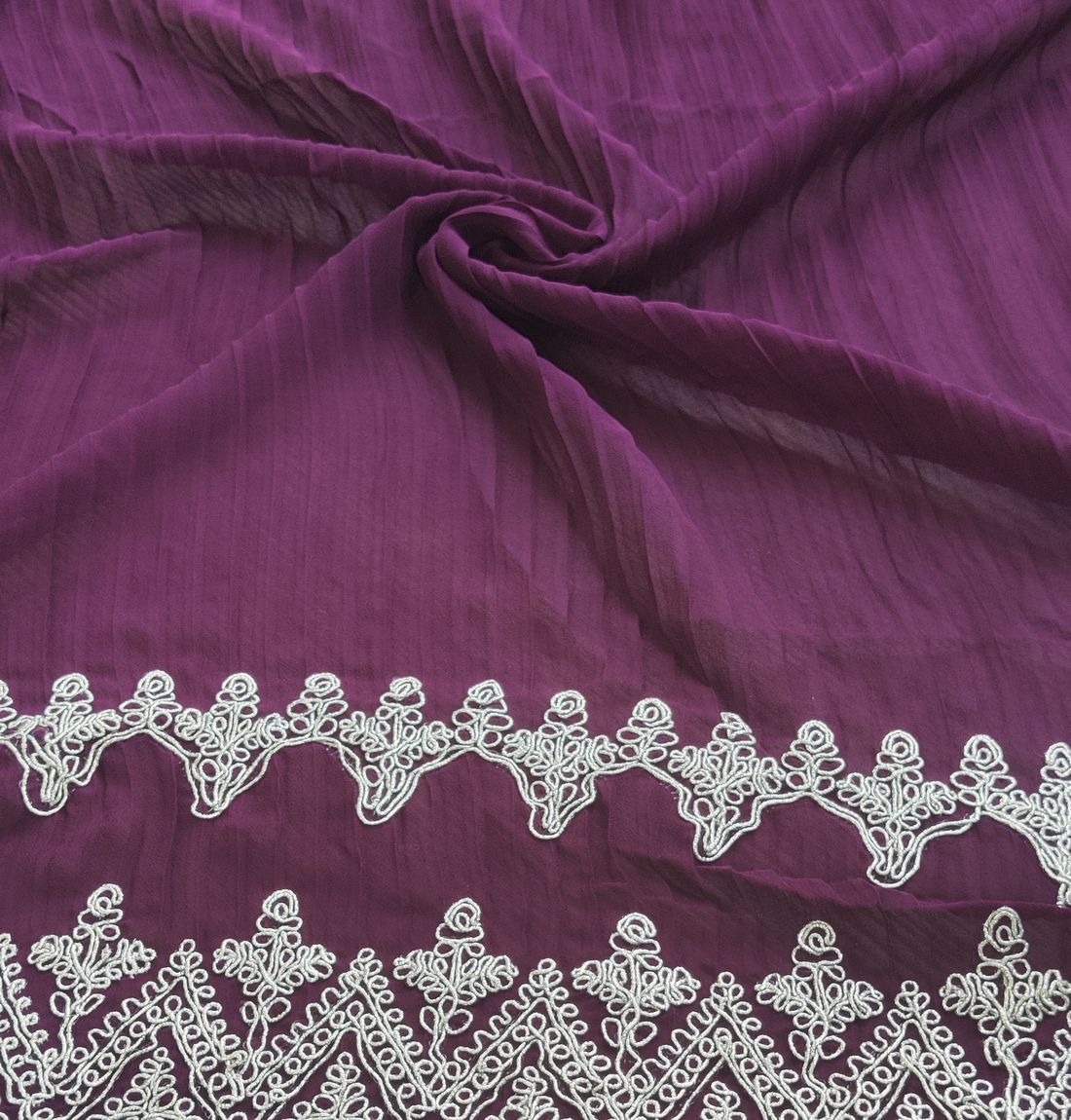 Precut Of 1.5 Meters Of Wine Traditional Pleated Dori work Georgette Fabric