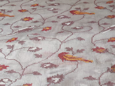 Beige Floral Embroidered Chanderi Fabric