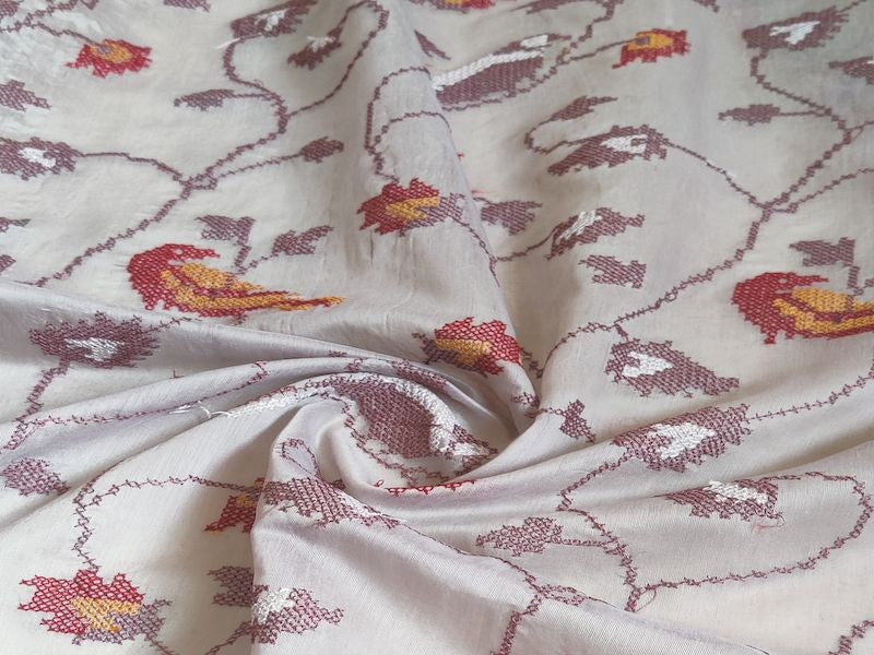 Beige Floral Embroidered Chanderi Fabric