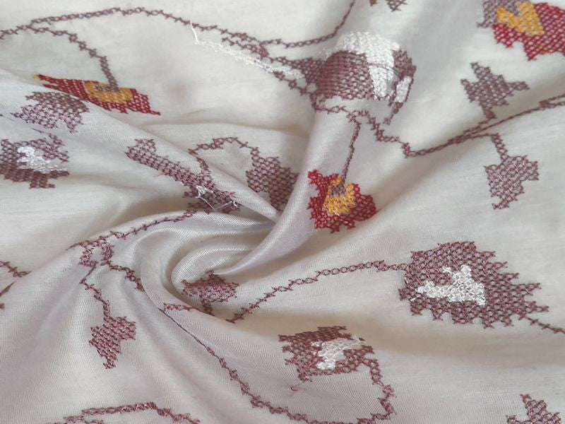 Beige Floral Embroidered Chanderi Fabric