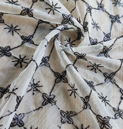 Off White Geometric Silicone Embroidered Net Fabric