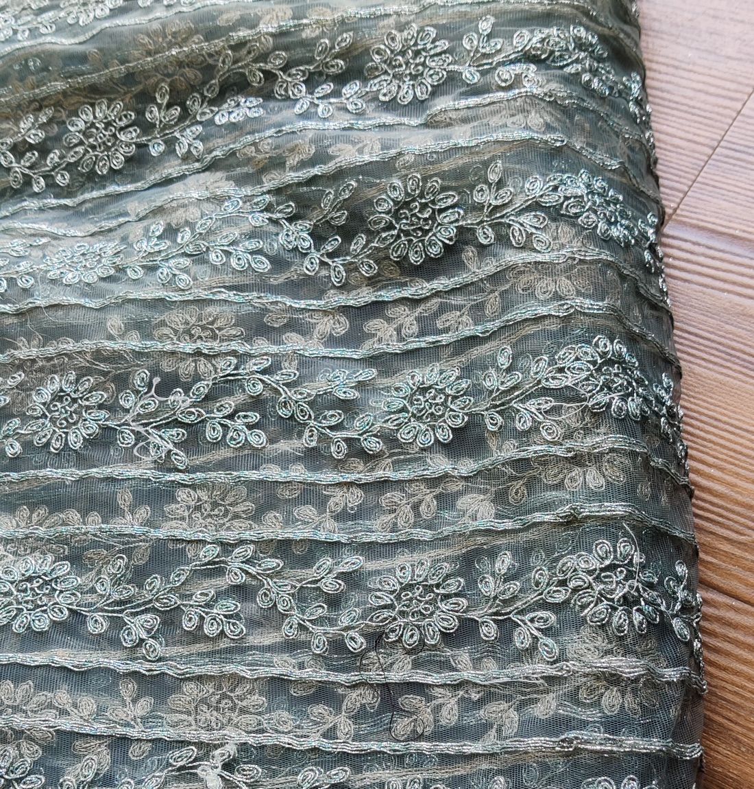 Green & Golden Stripes Embroidered Dori Net Fabric (Wholesale)