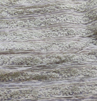 Light Mauve & Golden Stripes Embroidered Dori Net Fabric (Wholesale)