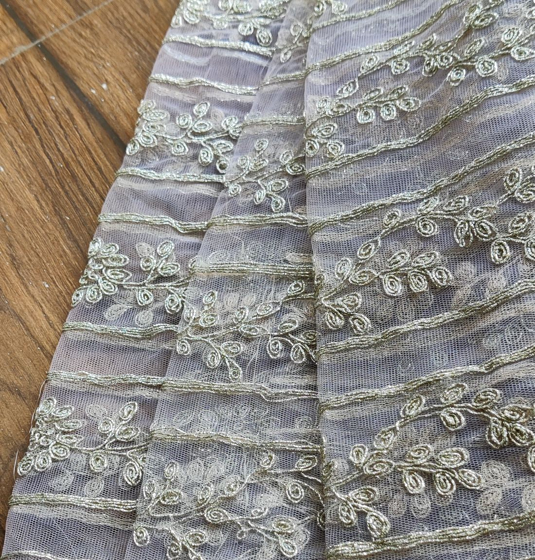 Light Mauve & Golden Stripes Embroidered Dori Net Fabric (Wholesale)