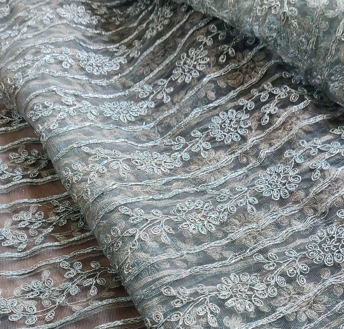 Green & Golden Traditional Embroidered Net Fabric