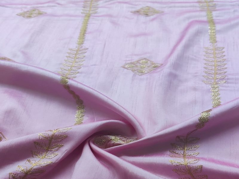 Baby Pink & Golden Traditional Embroidered Taffeta Silk Fabric