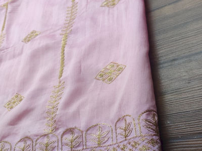 Baby Pink & Golden Traditional Embroidered Taffeta Silk Fabric (Wholesale)