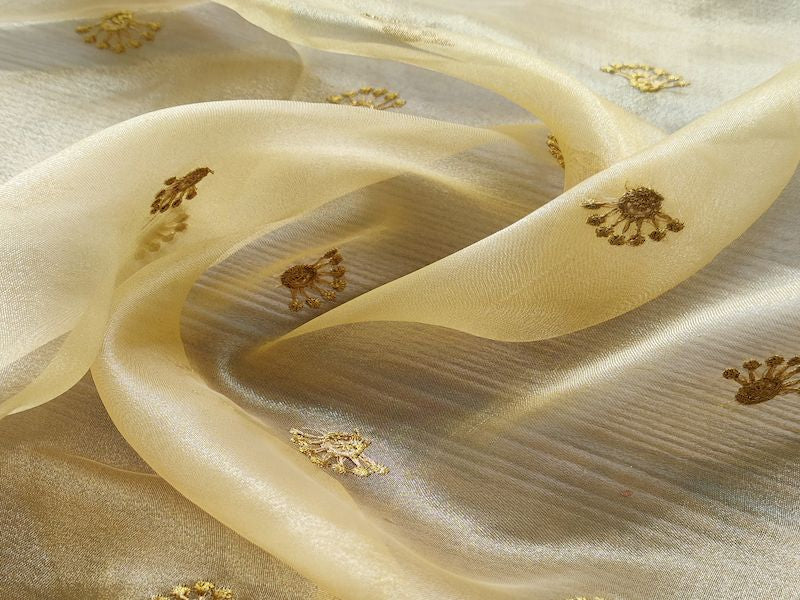 Golden Motifs Zari Embroidered Organza Fabric (Wholesale)