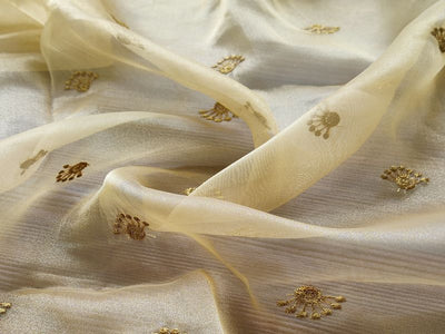 Golden Motifs Zari Embroidered Organza Fabric (Wholesale)