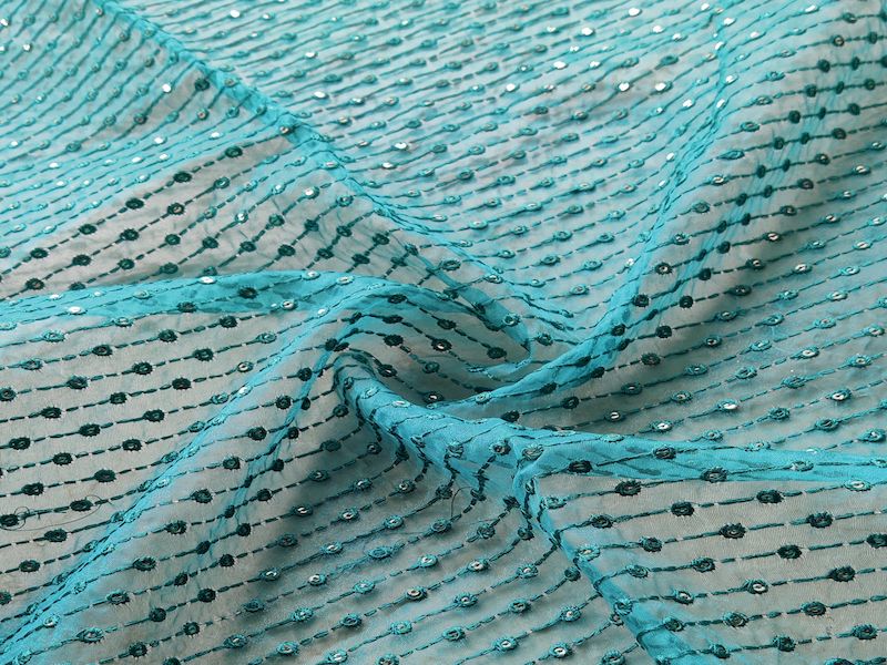 Teal Stripes Sequins Work Organza Fabric