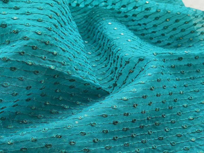 Teal Stripes Sequins Work Organza Fabric