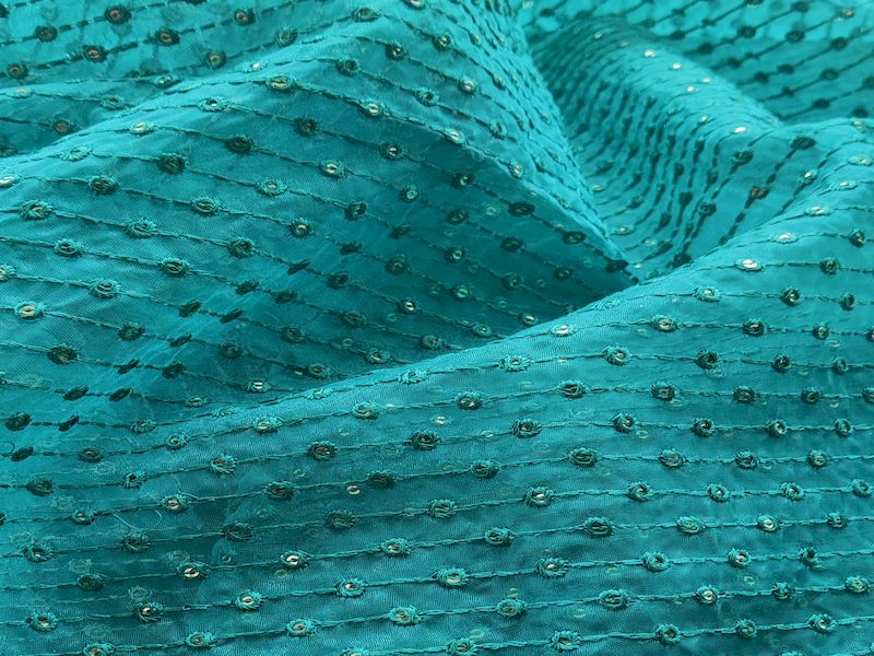 Teal Stripes Sequins Work Organza Fabric