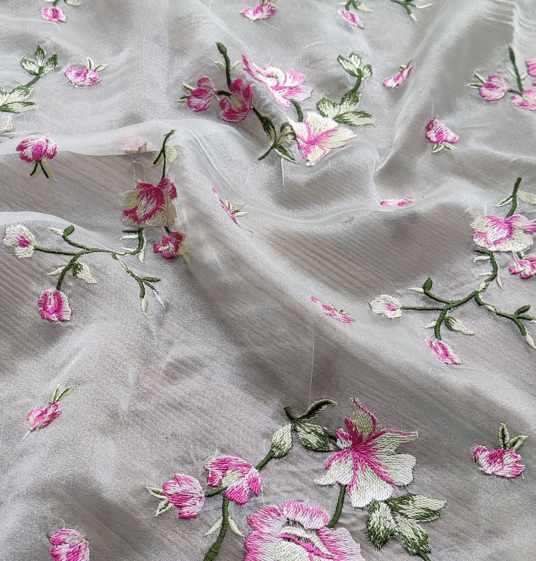 White & Pink Floral Embroidered Organza Fabric (Wholesale)