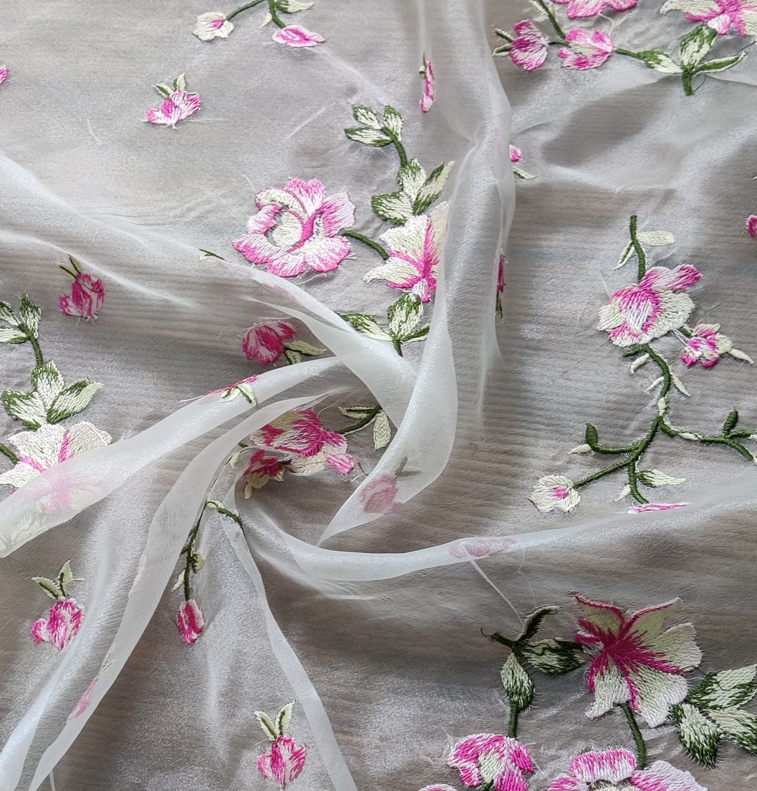 White & Pink Floral Embroidered Organza Fabric (Wholesale)