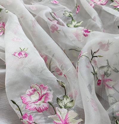 White & Pink Floral Embroidered Organza Fabric (Wholesale)