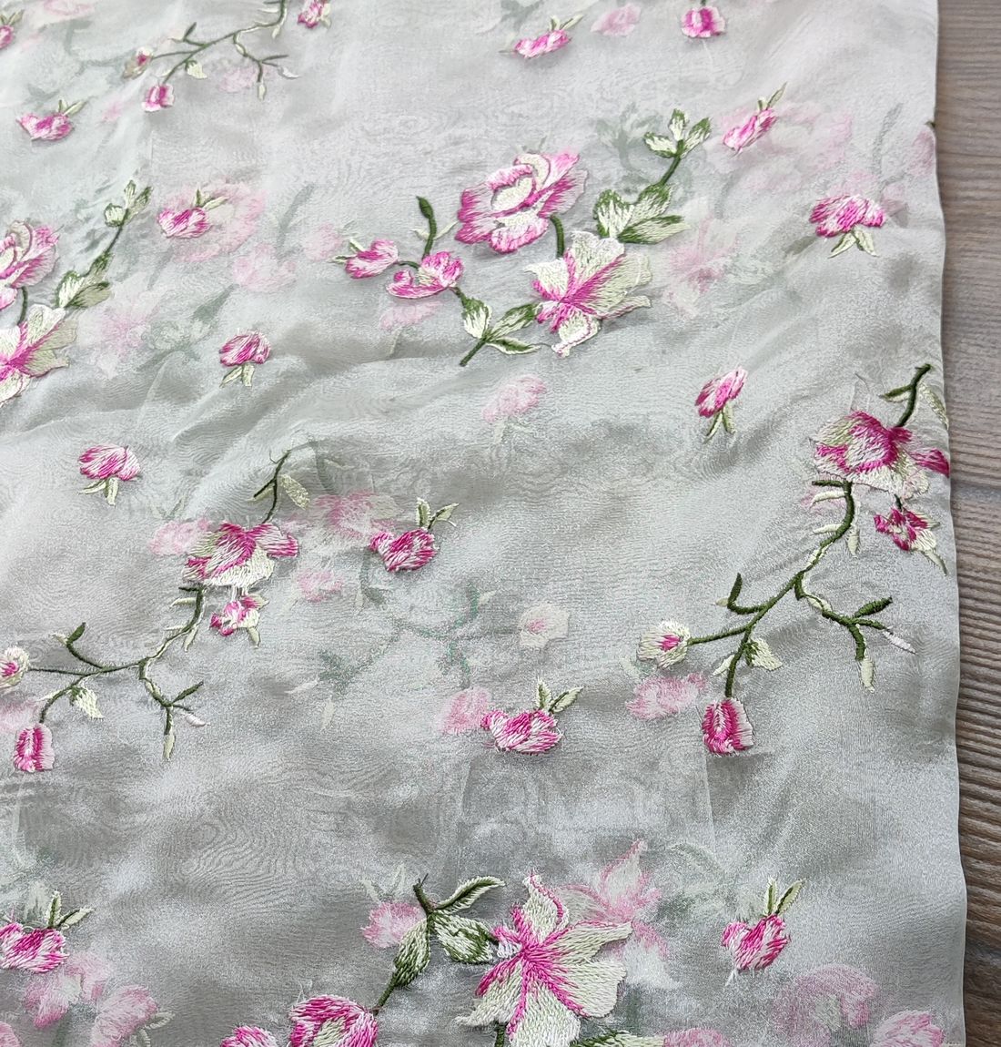 White & Pink Floral Embroidered Organza Fabric (Wholesale)