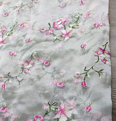 White & Pink Floral Embroidered Organza Fabric (Wholesale)