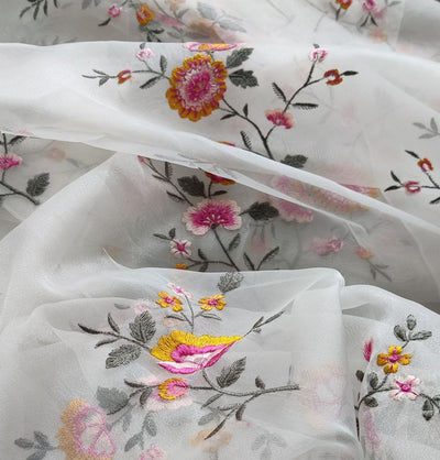 White Floral Embroidered Organza Fabric (Wholesale)