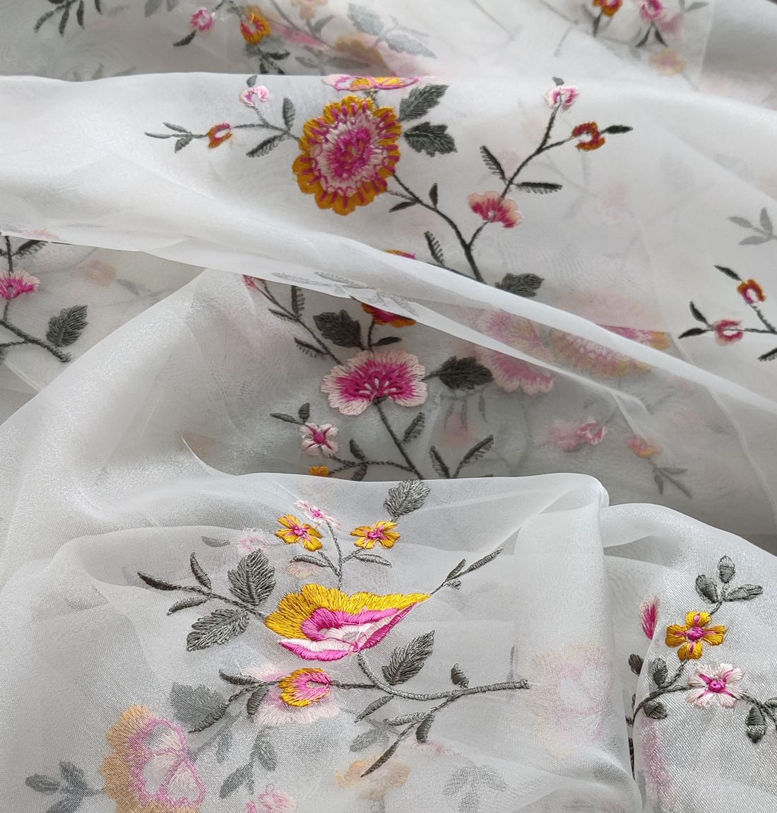 Multicolor Floral Embroidered Organza Fabric