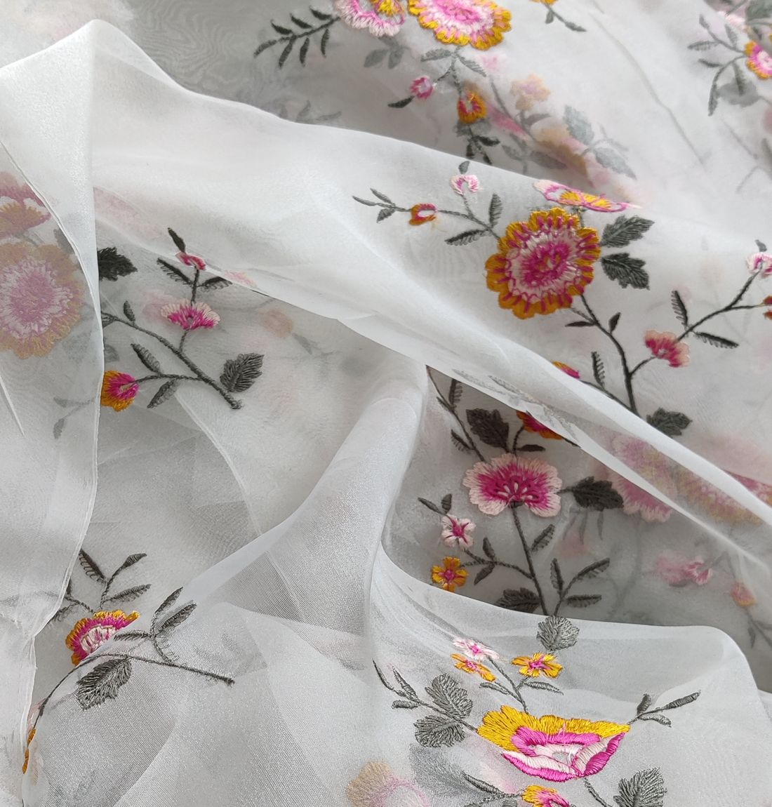 White Floral Embroidered Organza Fabric (Wholesale)