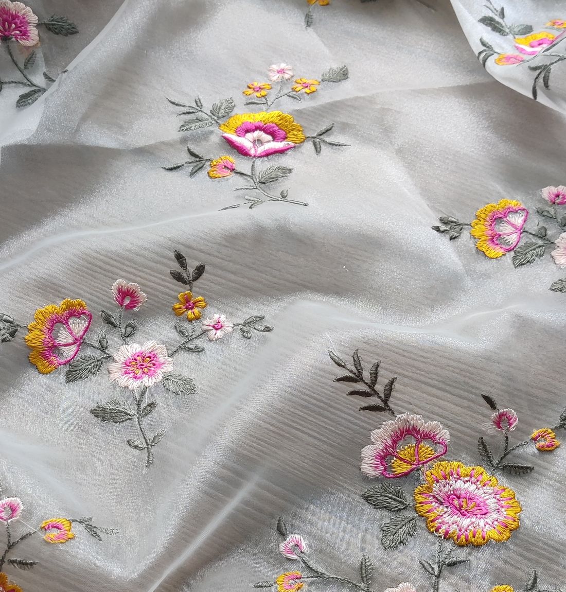 Multicolor Floral Embroidered Organza Fabric