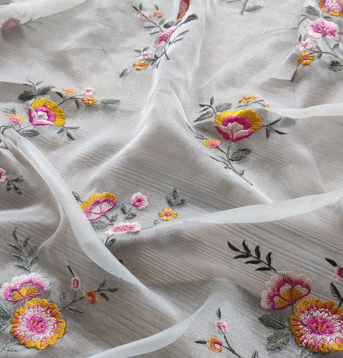 White Floral Embroidered Organza Fabric (Wholesale)