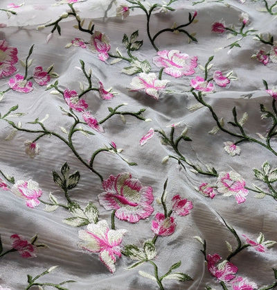 White & Pink Floral Embroidered Organza Fabric (Wholesale)