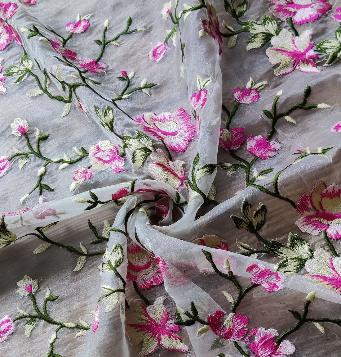 White & Pink Floral Embroidered Organza Fabric (Wholesale)