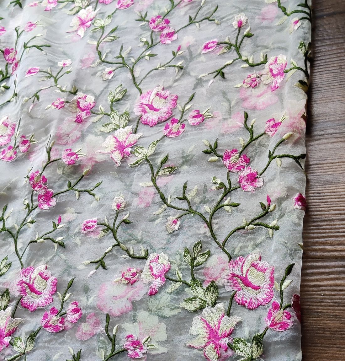 White & Pink Floral Embroidered Organza Fabric (Wholesale)