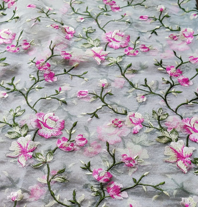 White & Pink Floral Embroidered Organza Fabric (Wholesale)