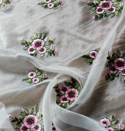 White Floral Embroidered Organza Fabric (Wholesale)