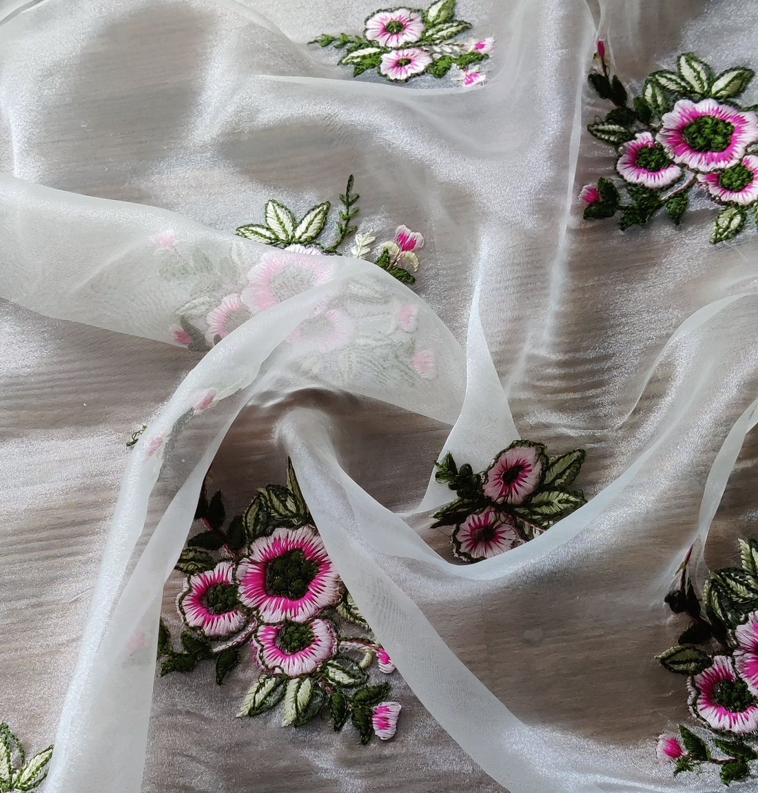 White Floral Embroidered Organza Fabric (Wholesale)