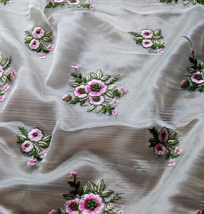 White Floral Embroidered Organza Fabric (Wholesale)