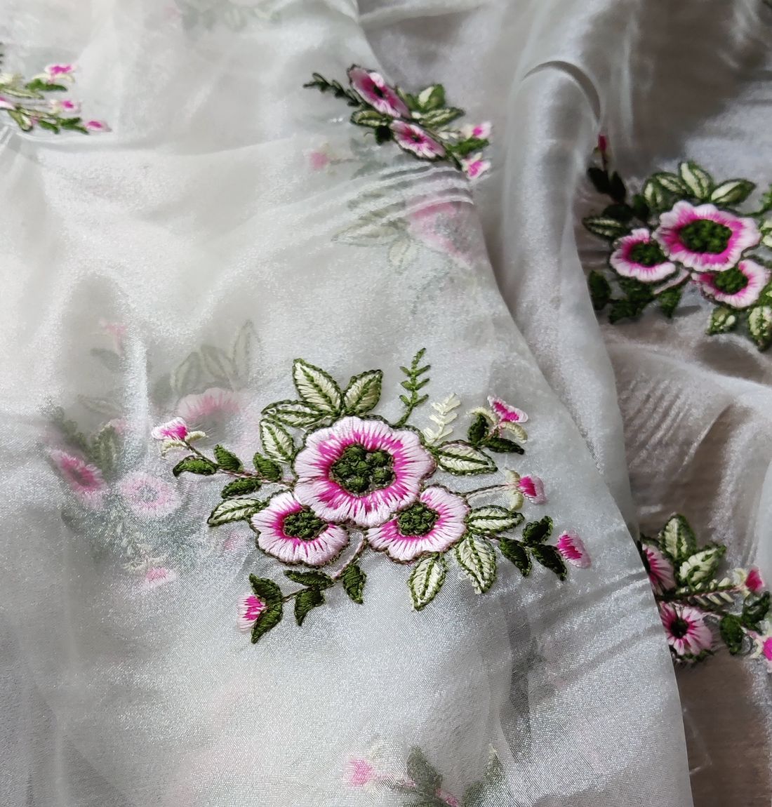 White Floral Embroidered Organza Fabric (Wholesale)