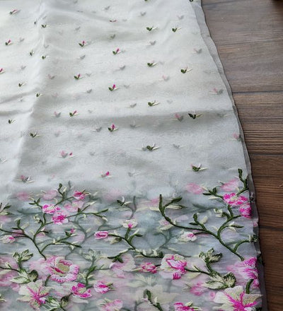 White & Pink Floral Embroidered Organza Fabric